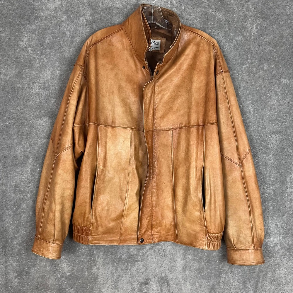 Vintage Vera Pelle Leather Bomber Jacket Mens 52 Made In Italy Viscose Wool